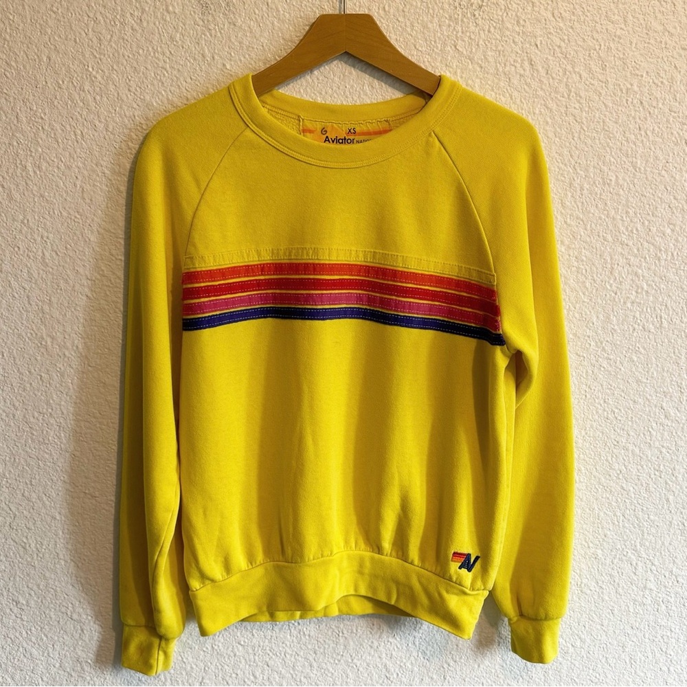 Aviator Nation Neon Rainbow 5 Stripe Pullover Crewneck Sweatshirt Yellow XS